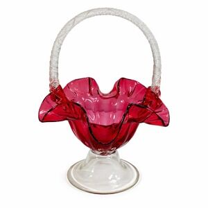 Vintage Fenton Art Glass Basket Ruffled Crimped Edge Clear Twisted Handle 13in H